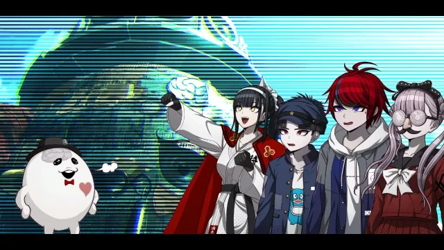 Sirei showing off a giant robotic version of himself while Kyoshika pumps her fist, Gaku and Takumi balk, and Kako wears a pair of gag glasses in The Hundred Line.