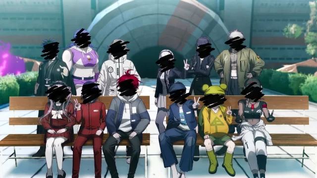 An image of (listed clockwise) Nozomi, Hiruko, Takemaru, Kako, Tsubasa, Shouma, Gaku, Takumi, Ima, Kako, Yugamu, Moko, and Eito, all with their faces obscured, in The Hundred Line.