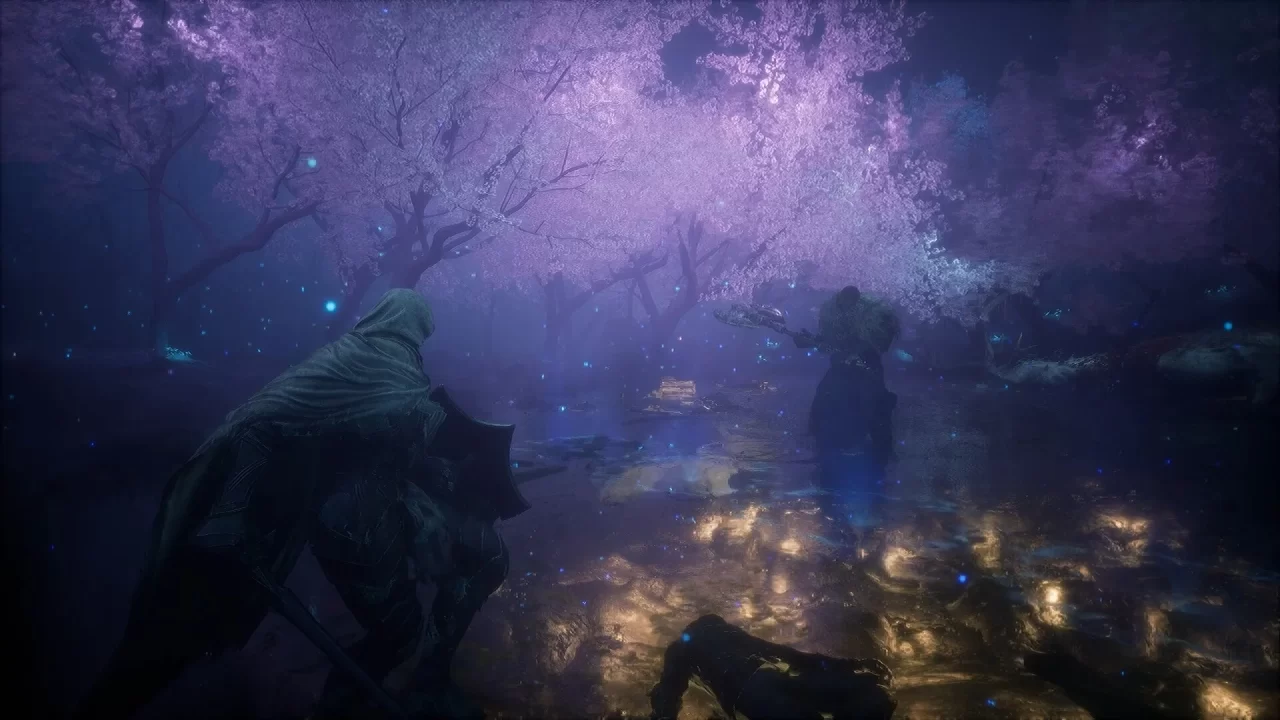 The player encounters a headless axe-wielder under purple trees in The Relic: First Guardian.