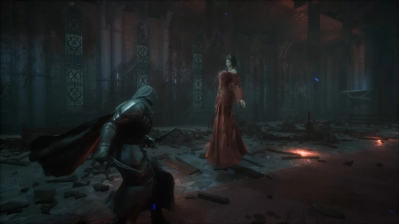 The Relic: First Guardian screenshot of the protagonist facing off against a big floating woman in a gothic building.