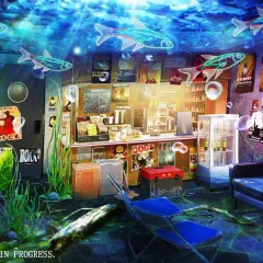 Type-Noise: Shonen Shojo Screenshot of a dream-like cafe with watery lighting, neon fish, and giant kelp