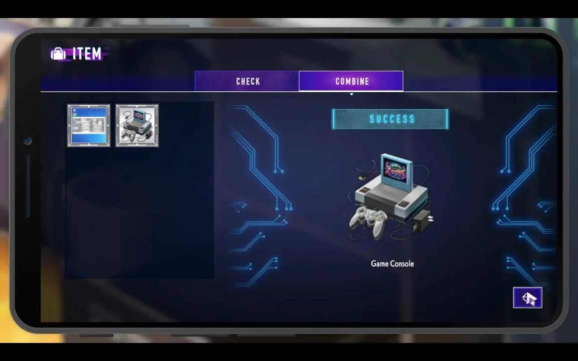 A Type-NOISE: Shonen Shojo screenshot of a successful item combination. The resulting item is titled "Game Console."