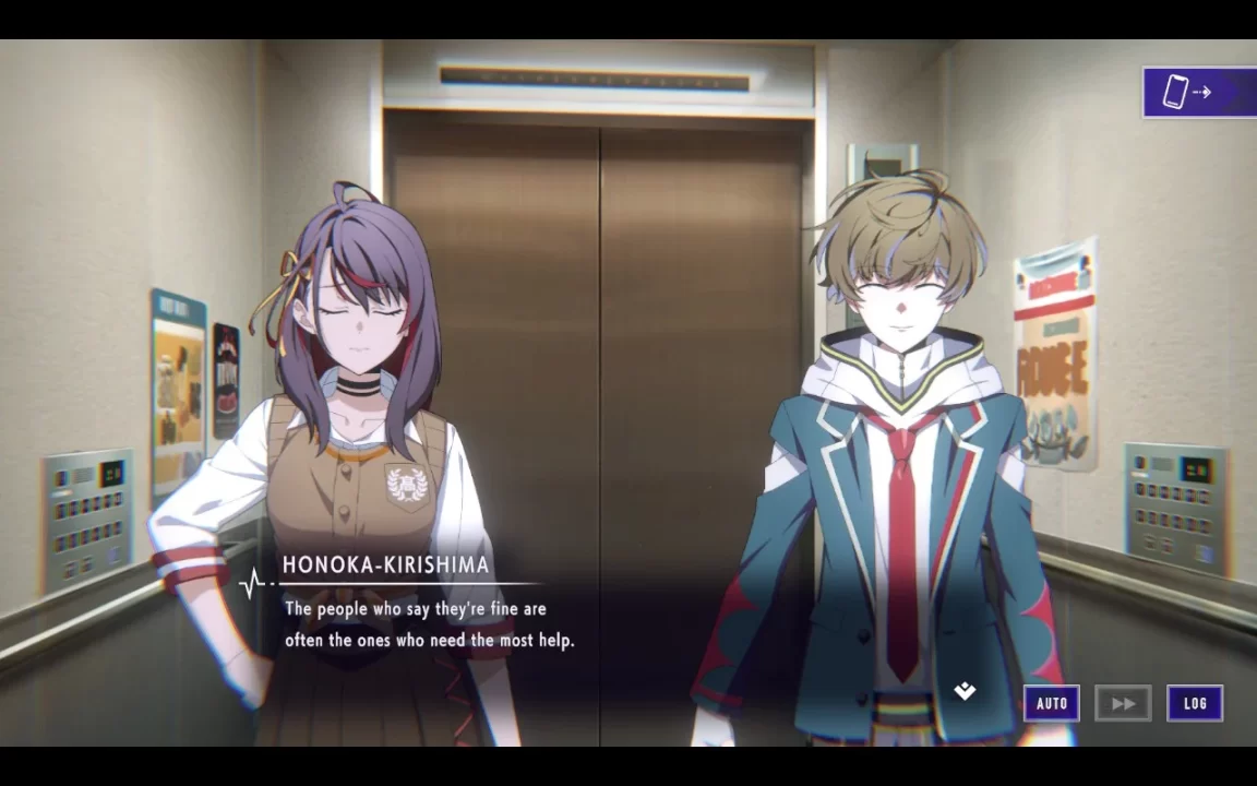 A Type-NOISE: Shonen Shojo screenshot of Honoka Kirishima speaking to the protagonist. Her text box reads, "The people who say they're fine are often the ones who need the most help."