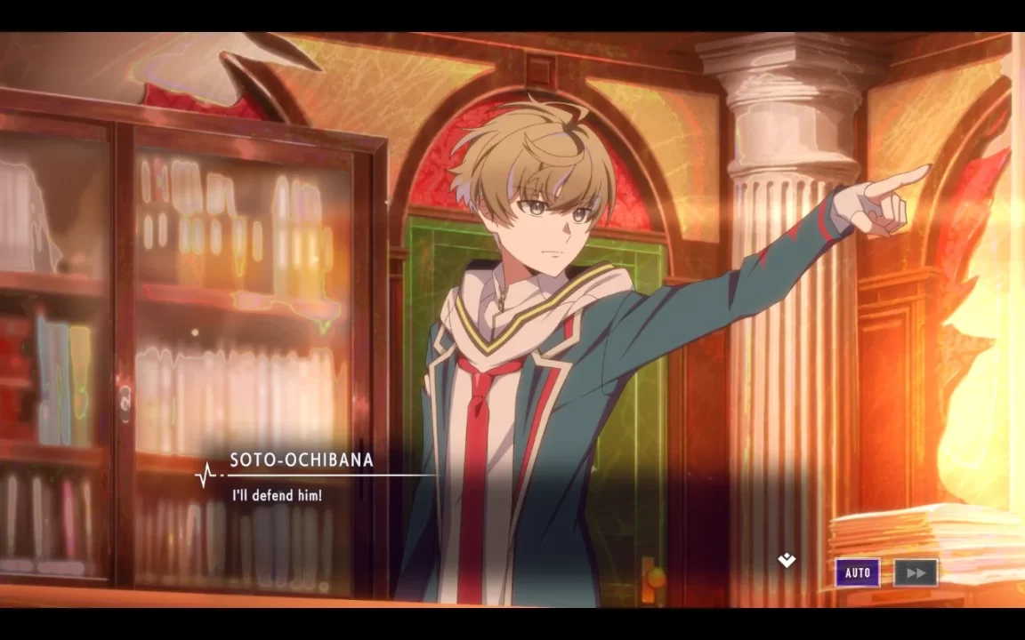A Type-NOISE: Shonen Shojo screenshot of the protagonist behind a counsel table, pointing in a clear homage to Ace Attorney. His text box reads, "I'll defend him!"