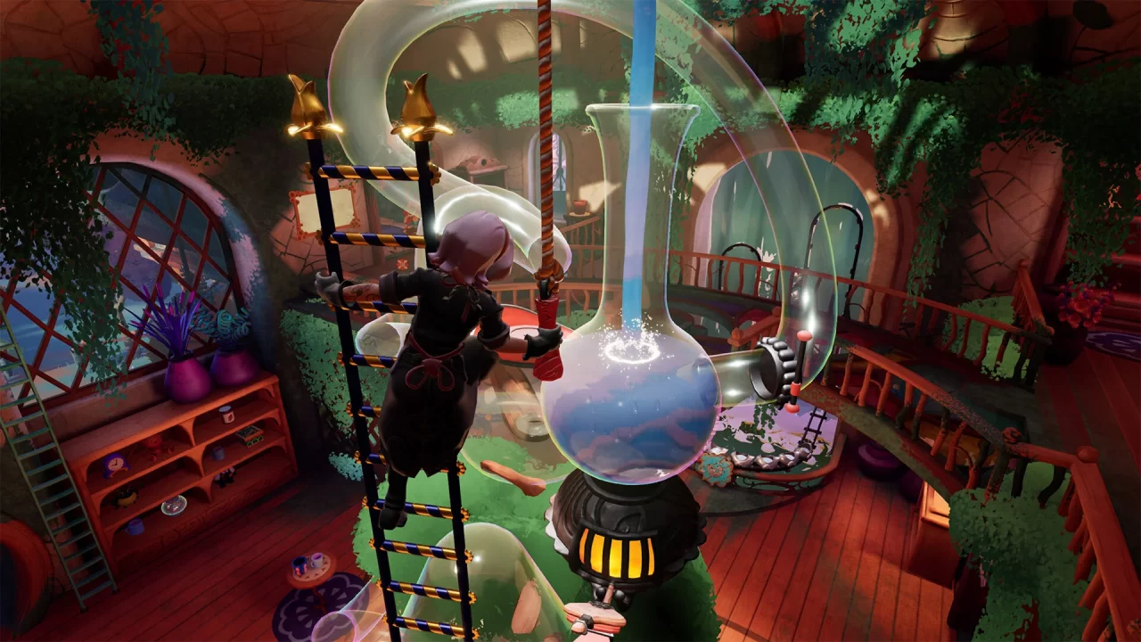 Wanderstop screenshot of a silver-haired woman climbing a ladder to use gigantic chemistry equipment