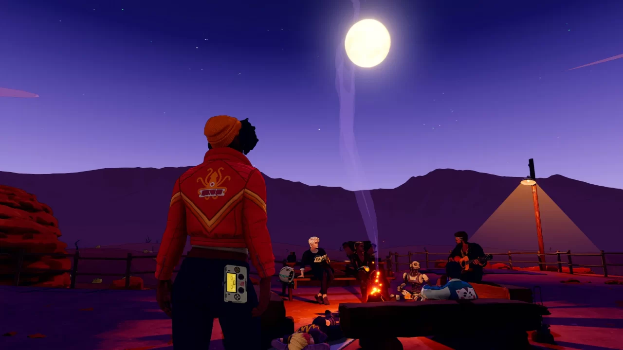 Pax is getting ready to chat with some of her crew around a campfire in Dustborn.