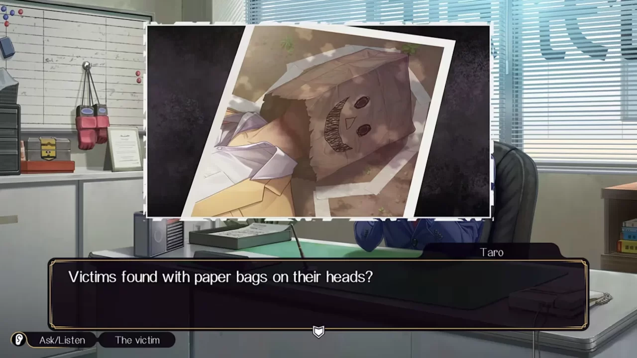 Emio – The Smiling Man: Famicom Detective Club Screenshot featuring a crime scene photo of a victim with a paper bag with drawn-on smiling face.