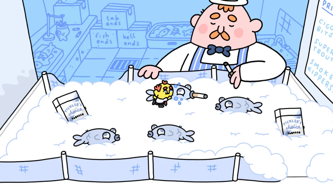 Fish and cigarettes for sale from a butcher who also appears to be smoking, with the player character in the display.