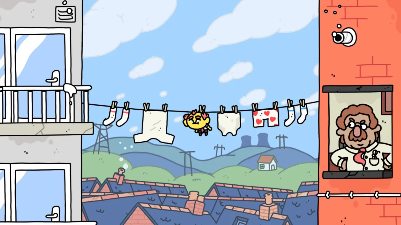 Player character trapped on a clothesline by clothes pins with a disapproving man in a tie looking on from a window on the right.