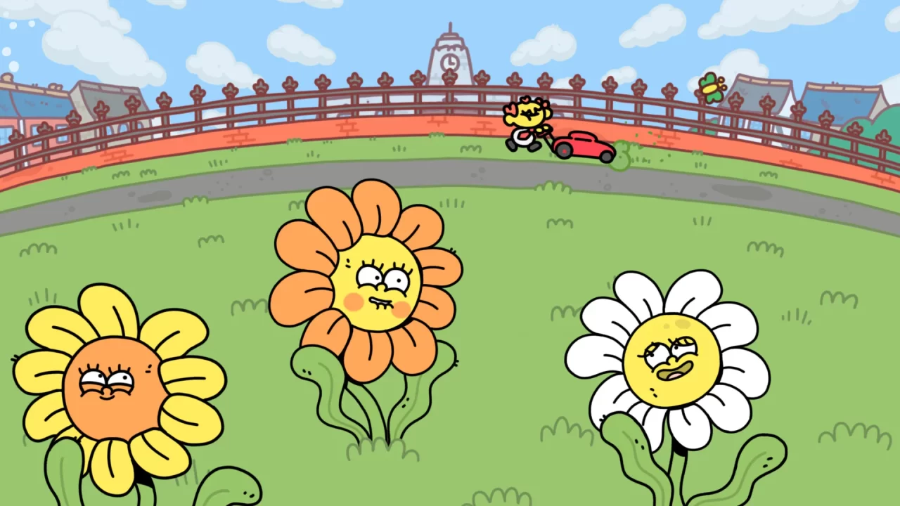 Mowing the lawn near some loving flowers in Thank Goodness You're Here!