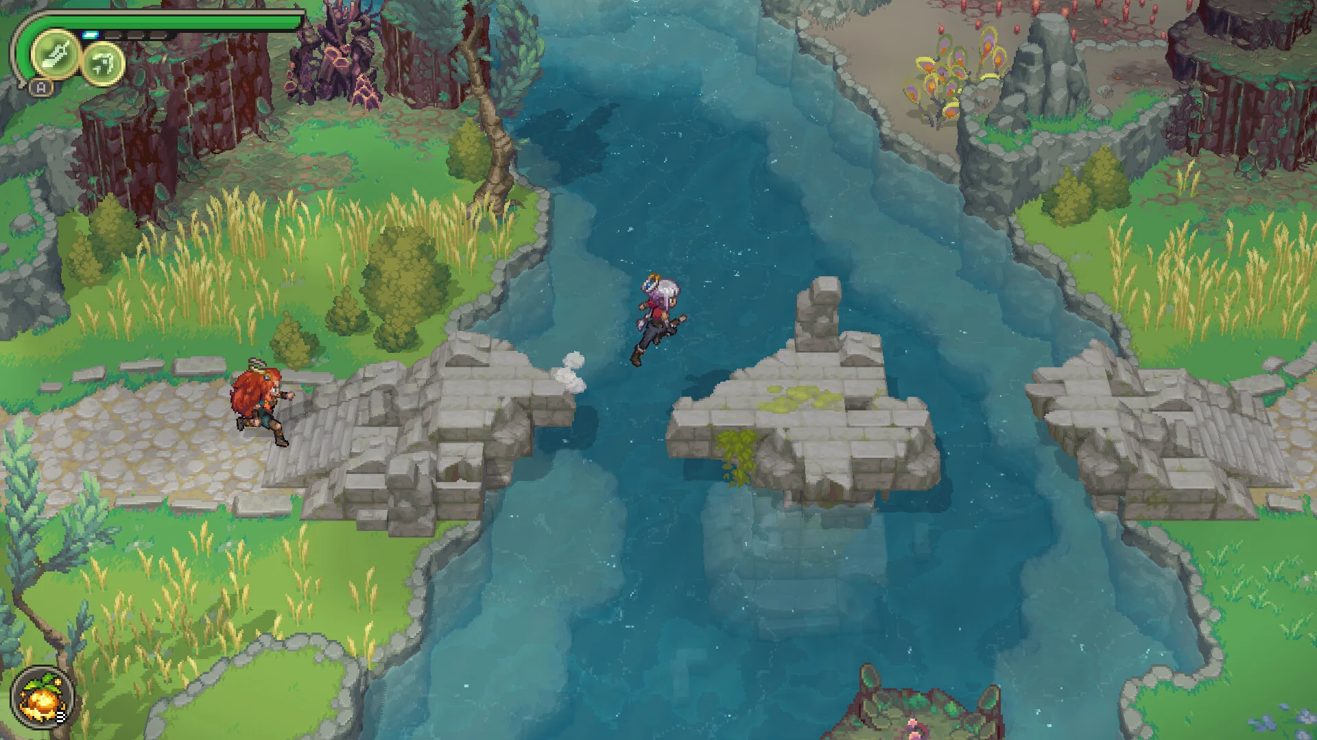 Alabaster Dawn's protagonist leaps across the stones of a broken bridge.
