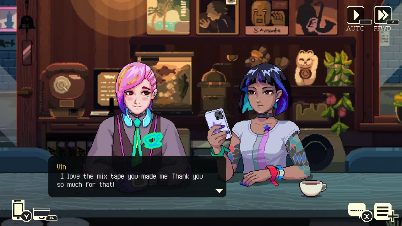 Coffee Talk Tokyo screenshot of two feminine characters with neon-streaked hair at a cafe, as Vin thanks the other for a mix tape.