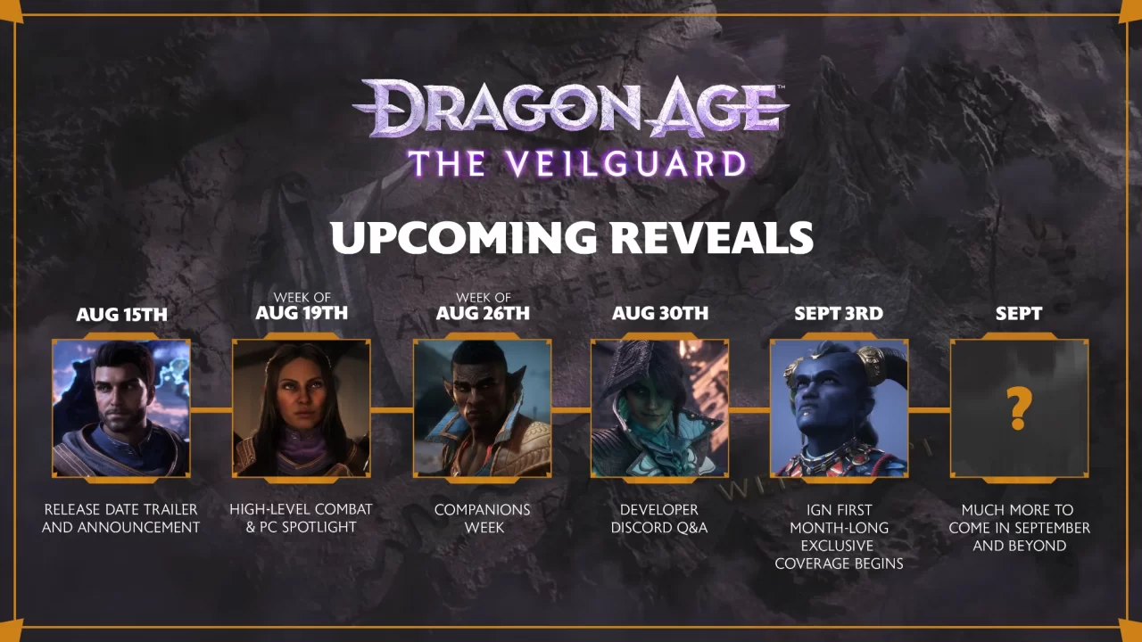 Upcoming Reveals for Dragon Age: The Veilguard showing new reveals coming August 19th, 26th, and 30th, Sept 3rd and an unknown Sept date.