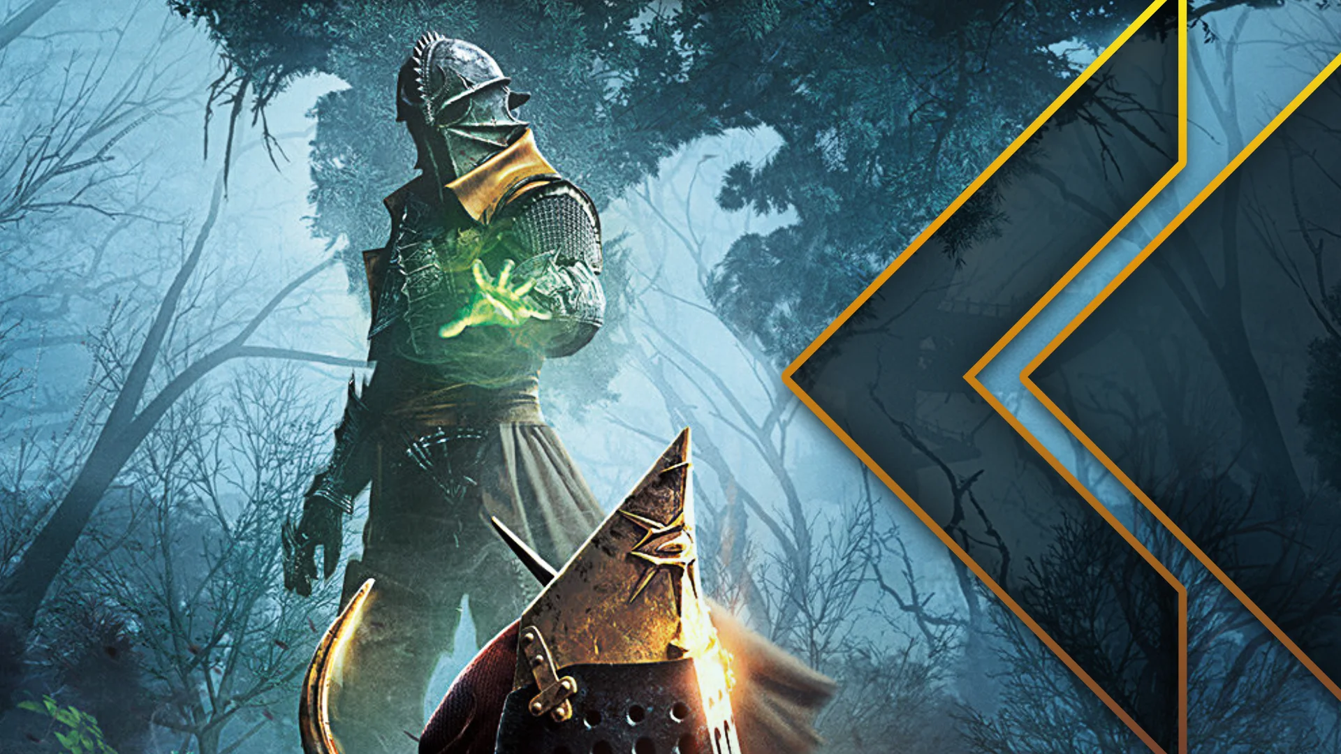Retro Encounter 431 - Dragon Age: Inquisition art of a knight holding a glowing hand over a glistening helmet on the ground
