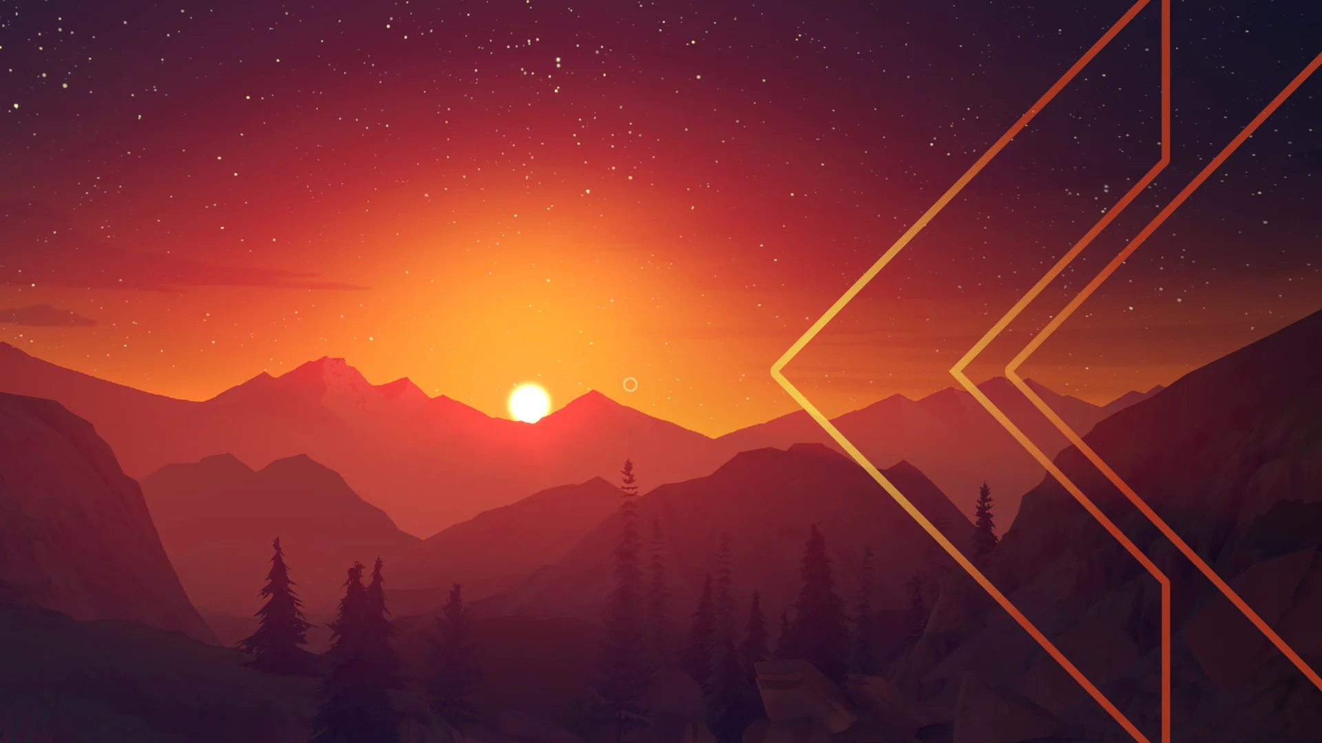 Retro Encounter 434 Firewatch screenshot of a sunset over mountains with pine tree silhouettes below