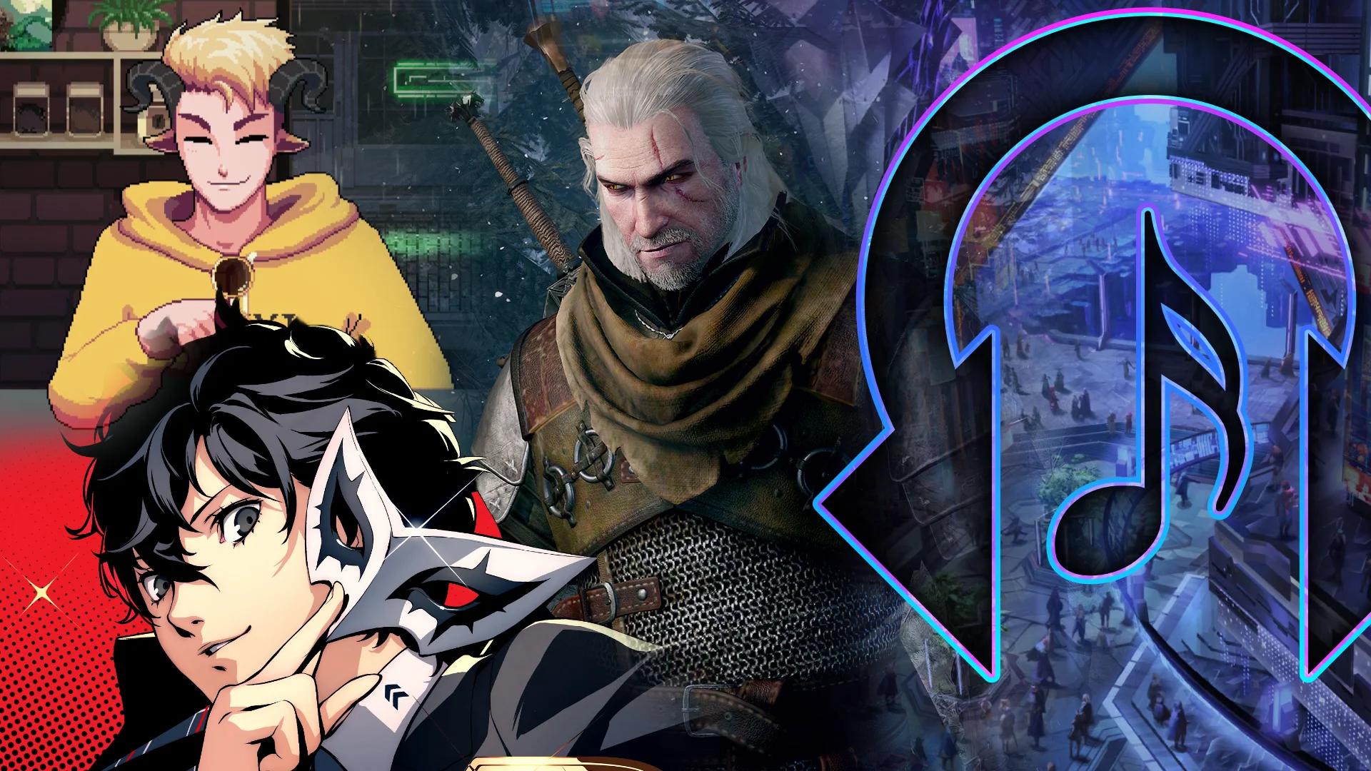 Rhythm Encounter 143 Lo-fi - artwork from Coffee Talk Episode 2, Persona 5, The Witcher 3, and FFXIV Dawntrail