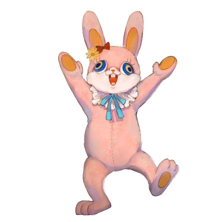 Rabby, a pink, scary-eyed, giant, stuffed rabbit in Hyke: Northern Light(s).