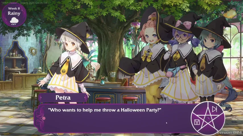 Visual novel scene from Witch Please! of several students discussing a Halloween party.