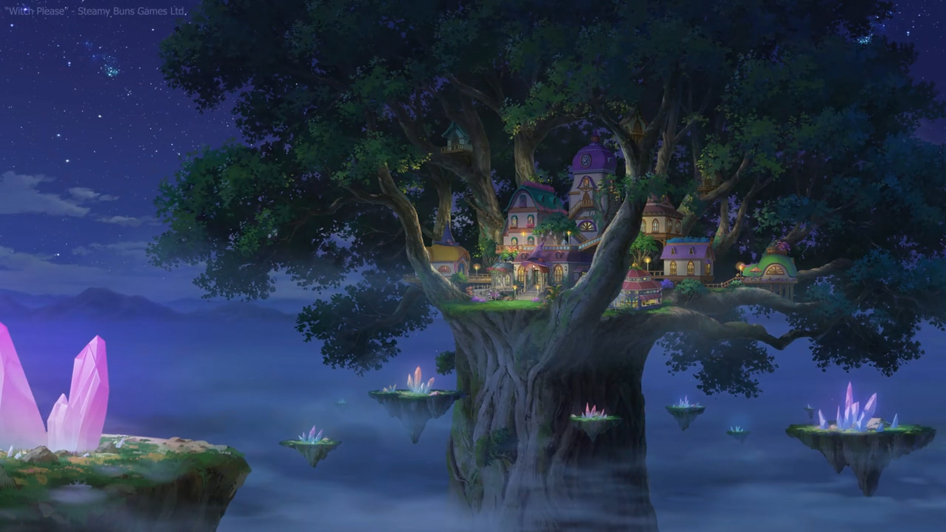 A nighttime view of a school set between the branches of a giant tree.