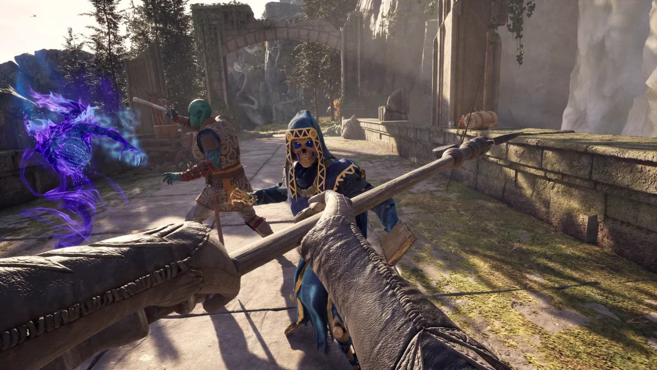 Combat against a skeletal figure using an axe with other battling figures in the near background.
