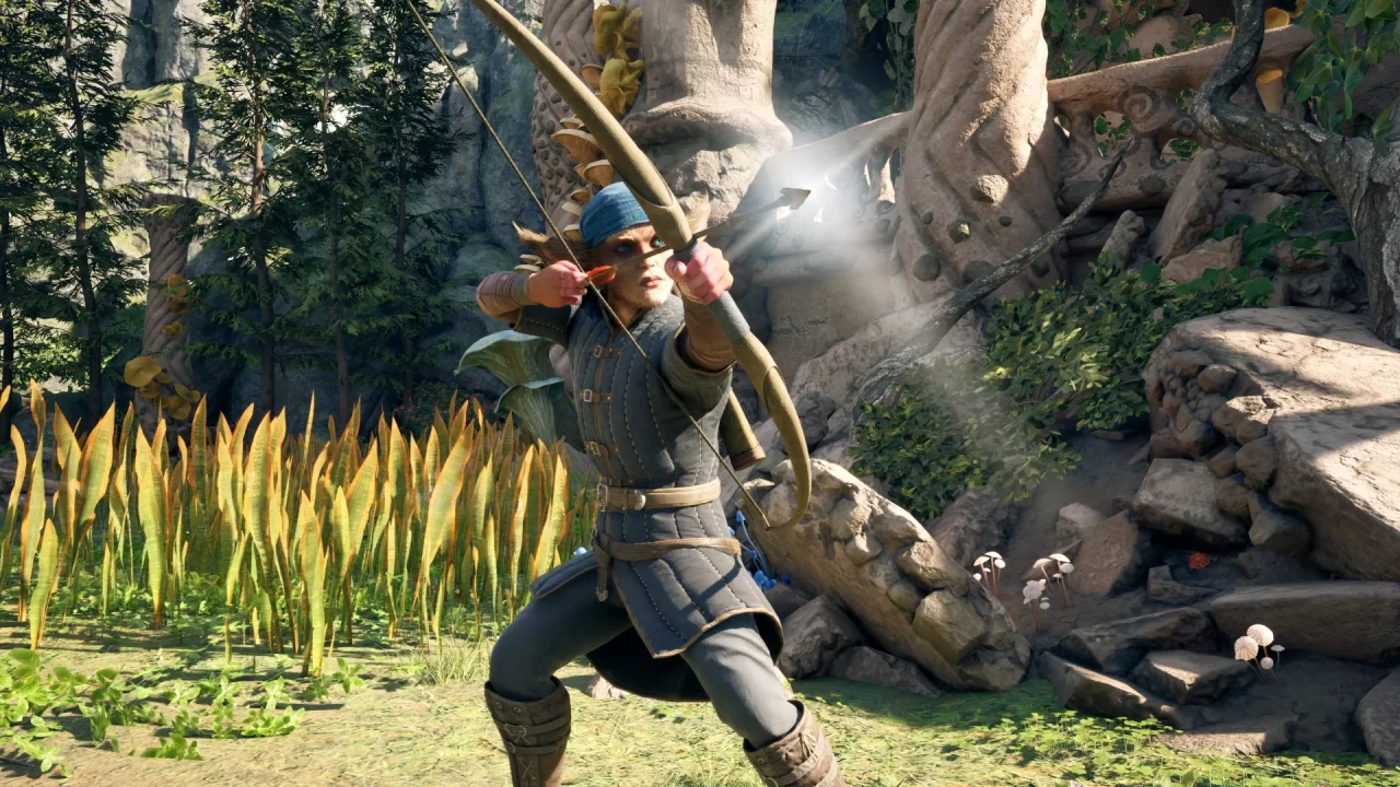 Envoy wielding a bow, drawing it for a shot with light reflecting off the arrow tip.