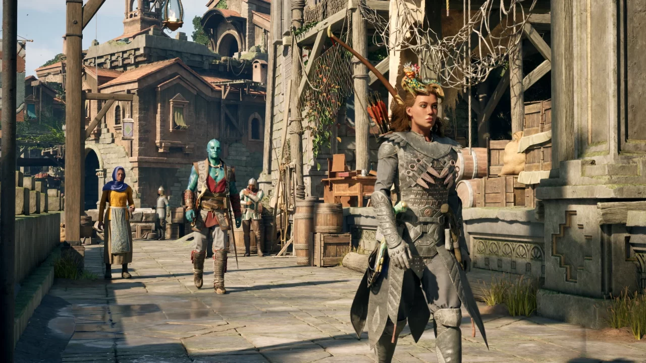 Envoy and companion in the city with several citizens strolling a street near a storage area with barrels and crates.
