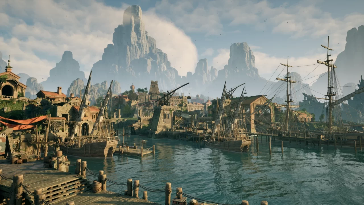 A landscape image of the Living Lands port city, with several docks and ships in the foreground.