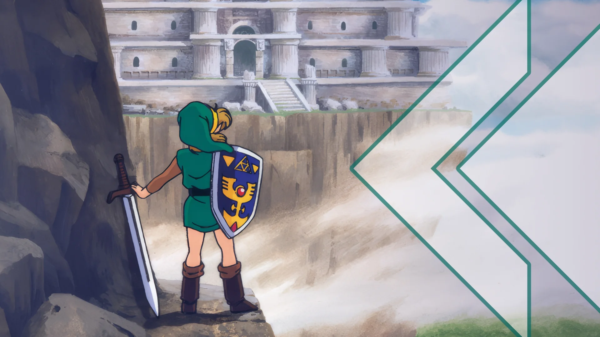 Retro Encounter 444 - The Legend of Zelda: A Link to the Past art of Link on a cliffside looking at the Tower of Hera