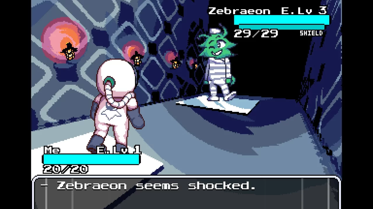 Astromeda screenshot of the astronaut protagonist facing a smiling and seemingly green fuzzy alien convict named Zebraeon in battle.