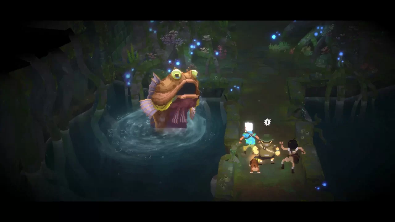 Dave the Diver In The Jungle screenshot of the party meeting a huge googly-eyed fish in a cave.