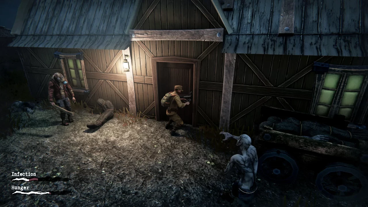 Deserter screenshot of a man trying to break into a dilapidated building a zombie and person in a gas mask close in.
