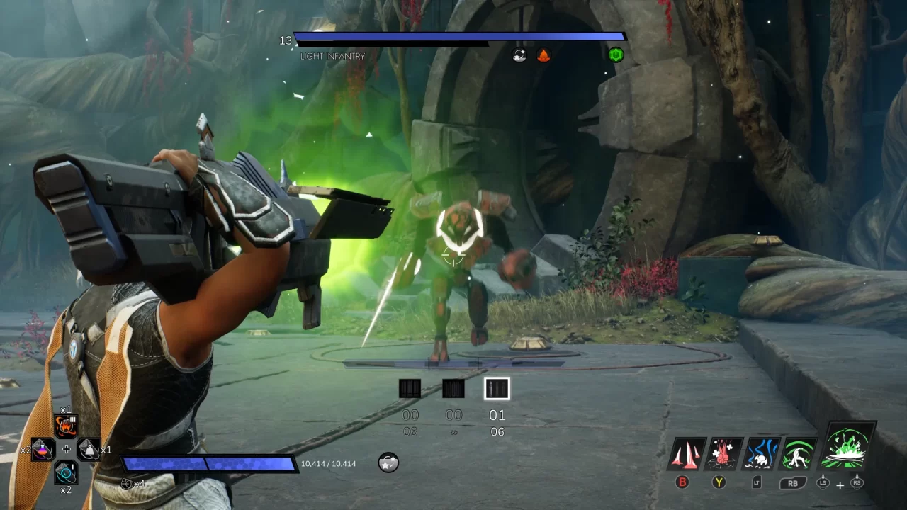 An enemy approaches the player, who has a gun in Empyreal.