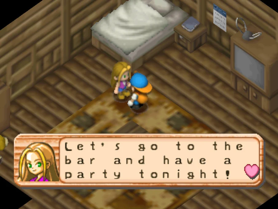 Making plans to go to the bar for a party with your wife in Harvest Moon 64.