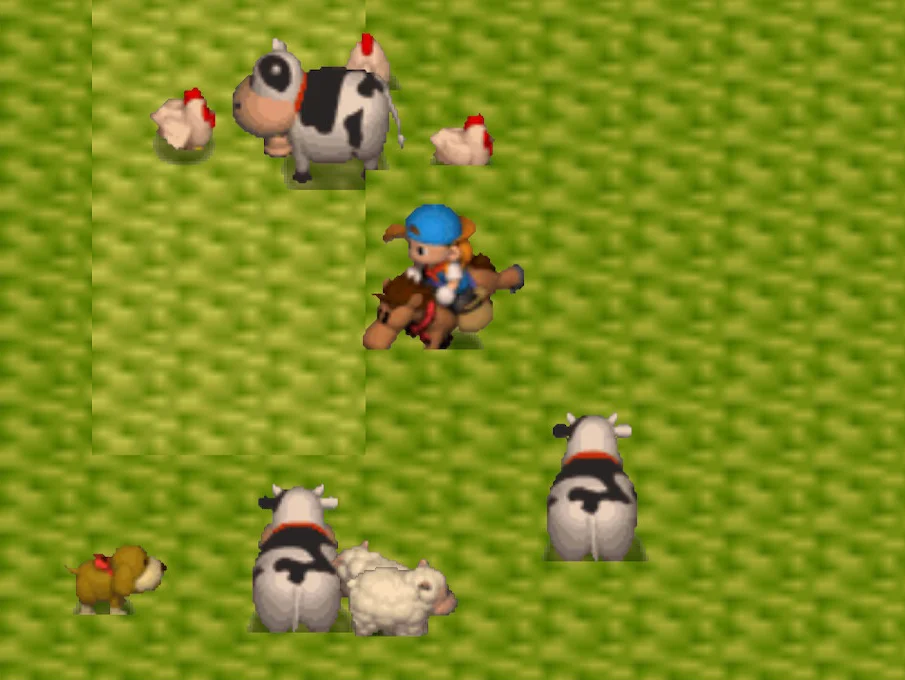 Riding a horse through a field of grass full of cows, sheep, and chickens.