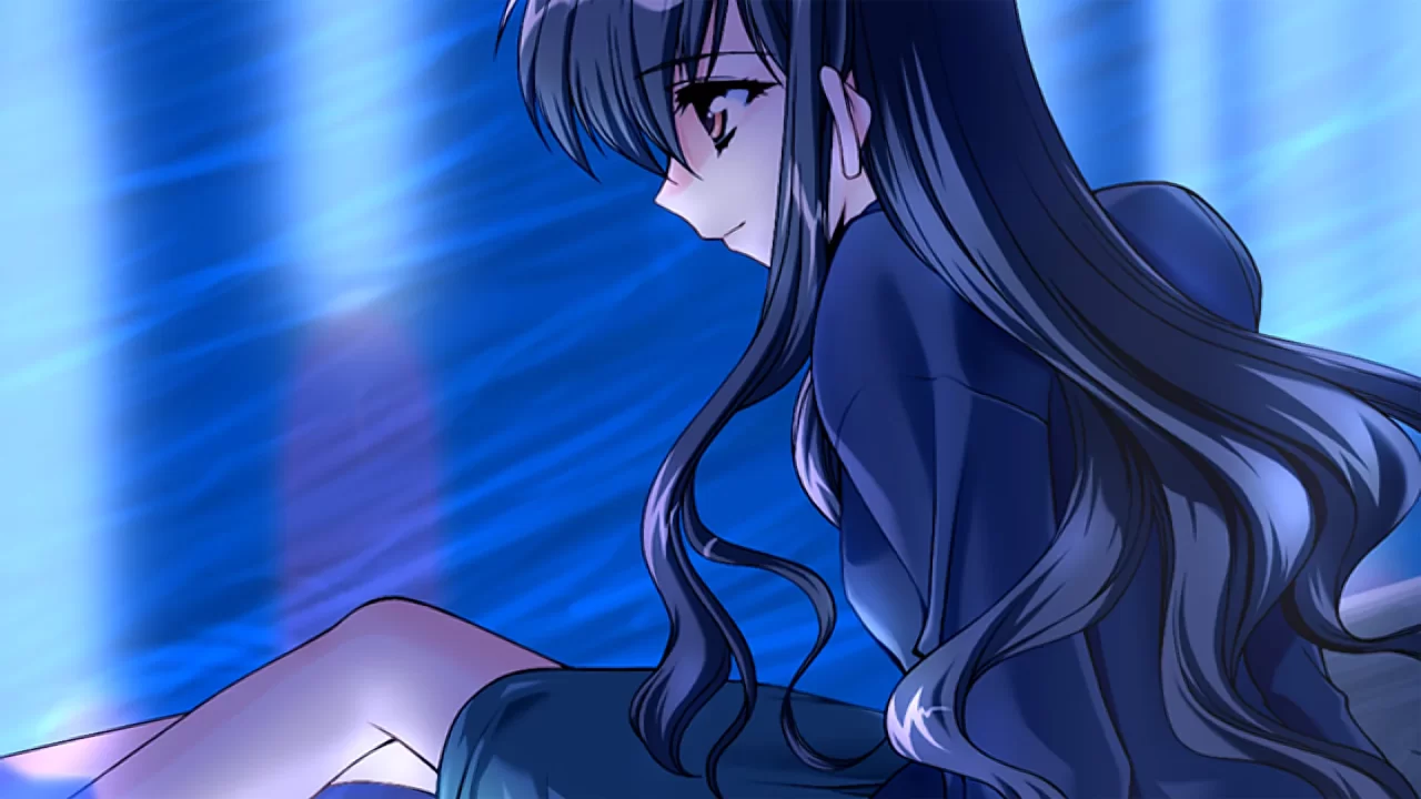 Haruka sits at a poolside, a slight smile on her face.