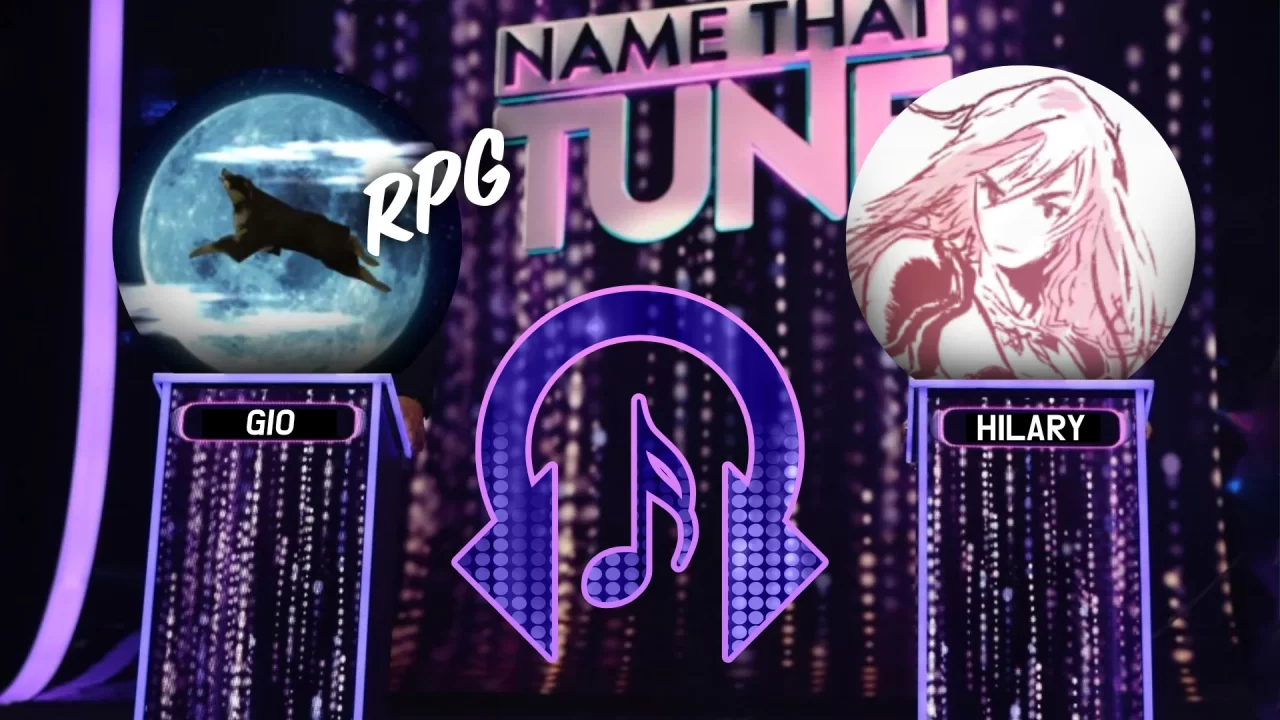 Rhythm Encounter 150 Name that RPG Tune mock stage with contestant avatars behind podiums