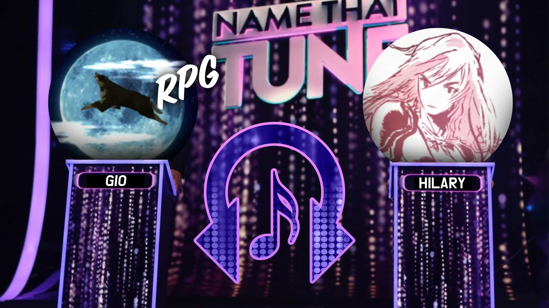 Rhythm Encounter 150 Name that RPG Tune mock stage with contestant avatars behind podiums