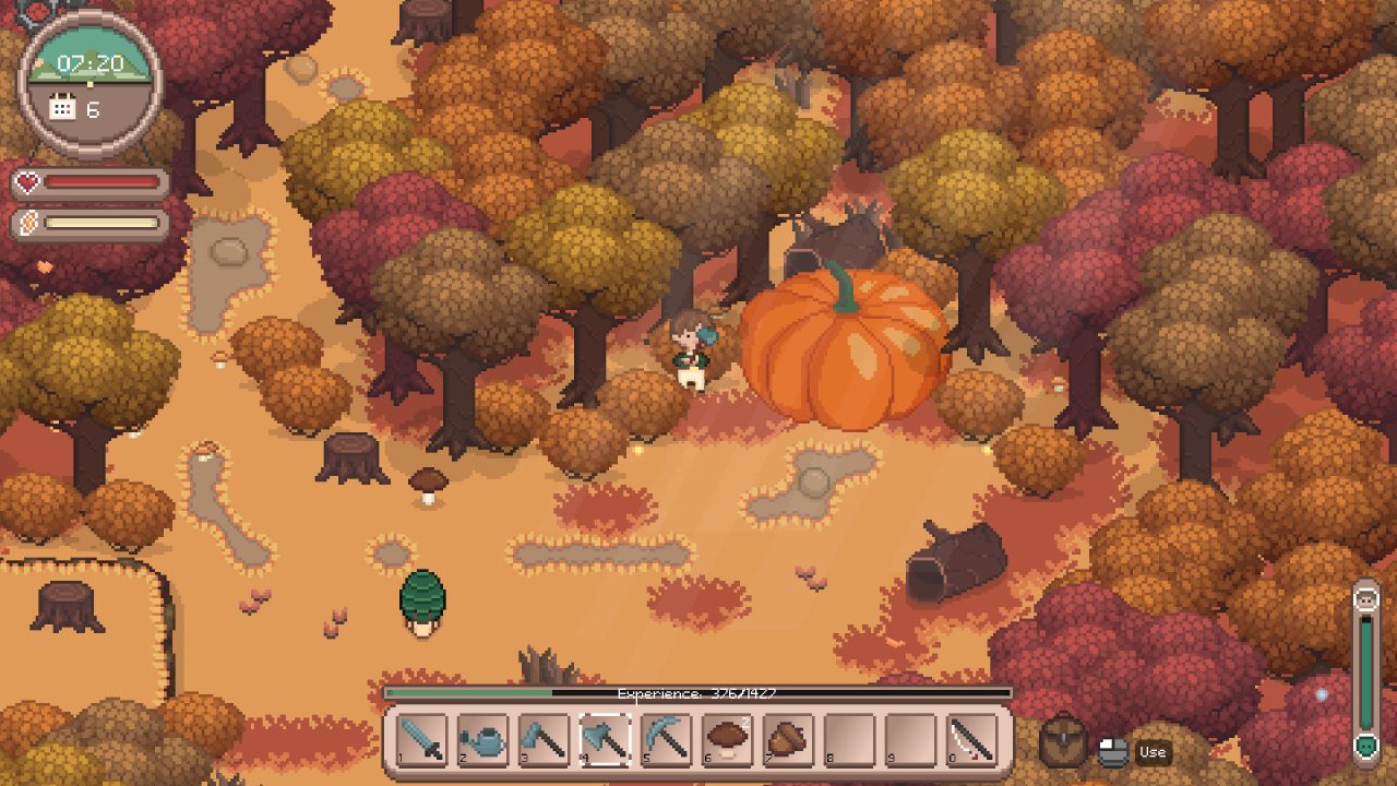 Shinehill screenshot of the protagonist in an autumn forest next to a pumpkin the side of an SUV.