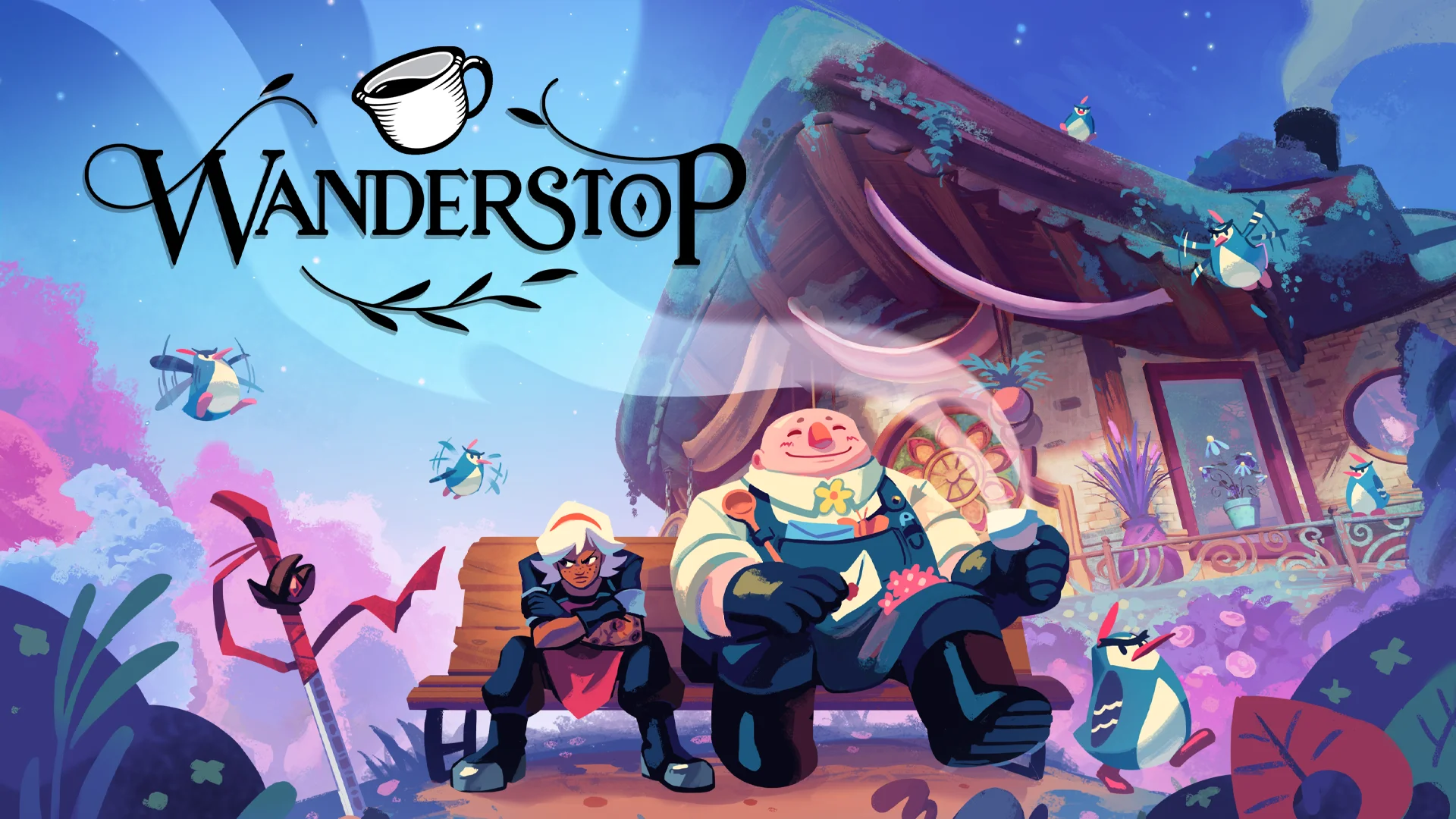Wanderstop artwork with protagonist Alta grumpily sitting on a bench with a large smiling man holding a cup of hot tea.