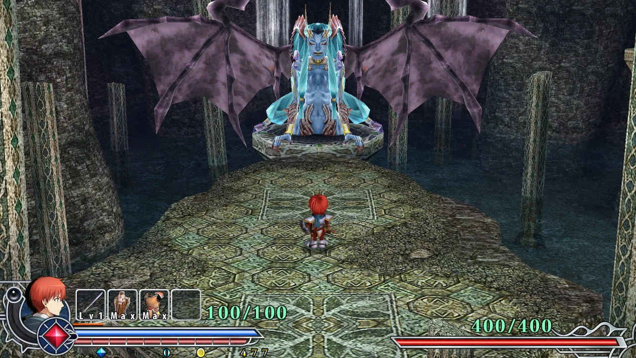 Adol prepares to fight a boss in Ys Memoire: The Oath in Felghana.