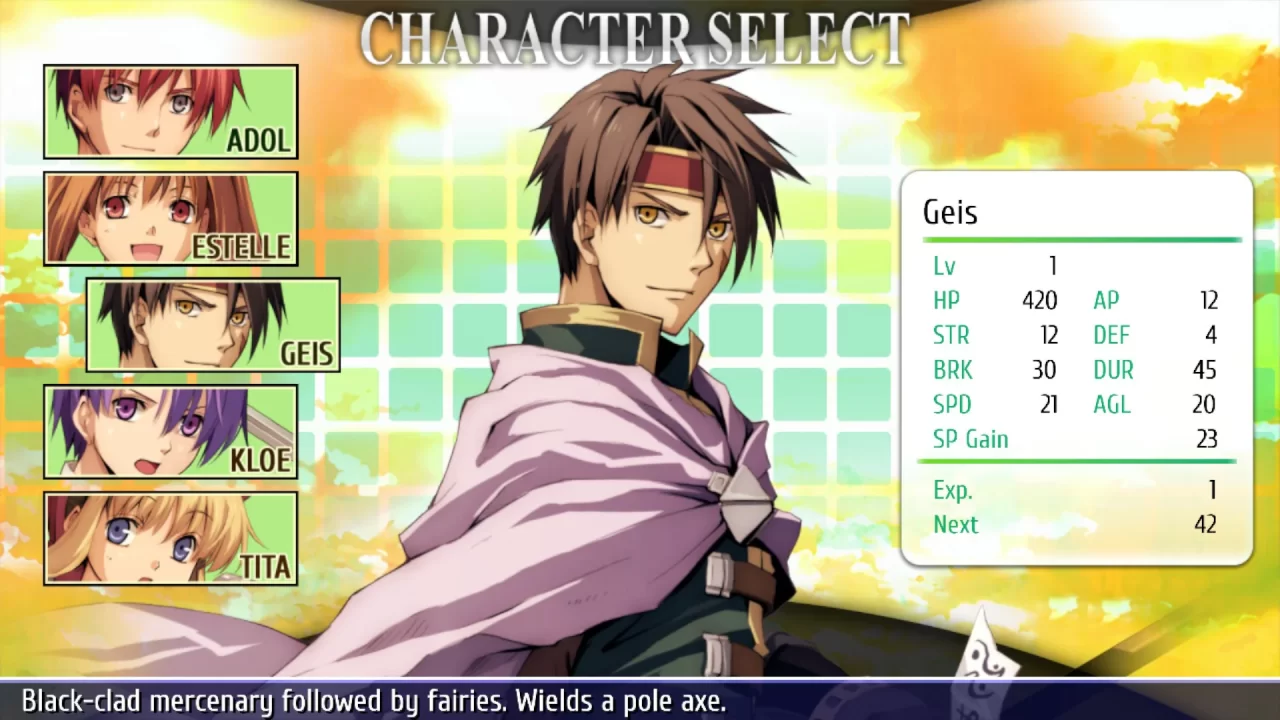 The character select screen highlighting Geis in the Story Mode for Ys vs. Trails in the Sky: Alternative Saga.