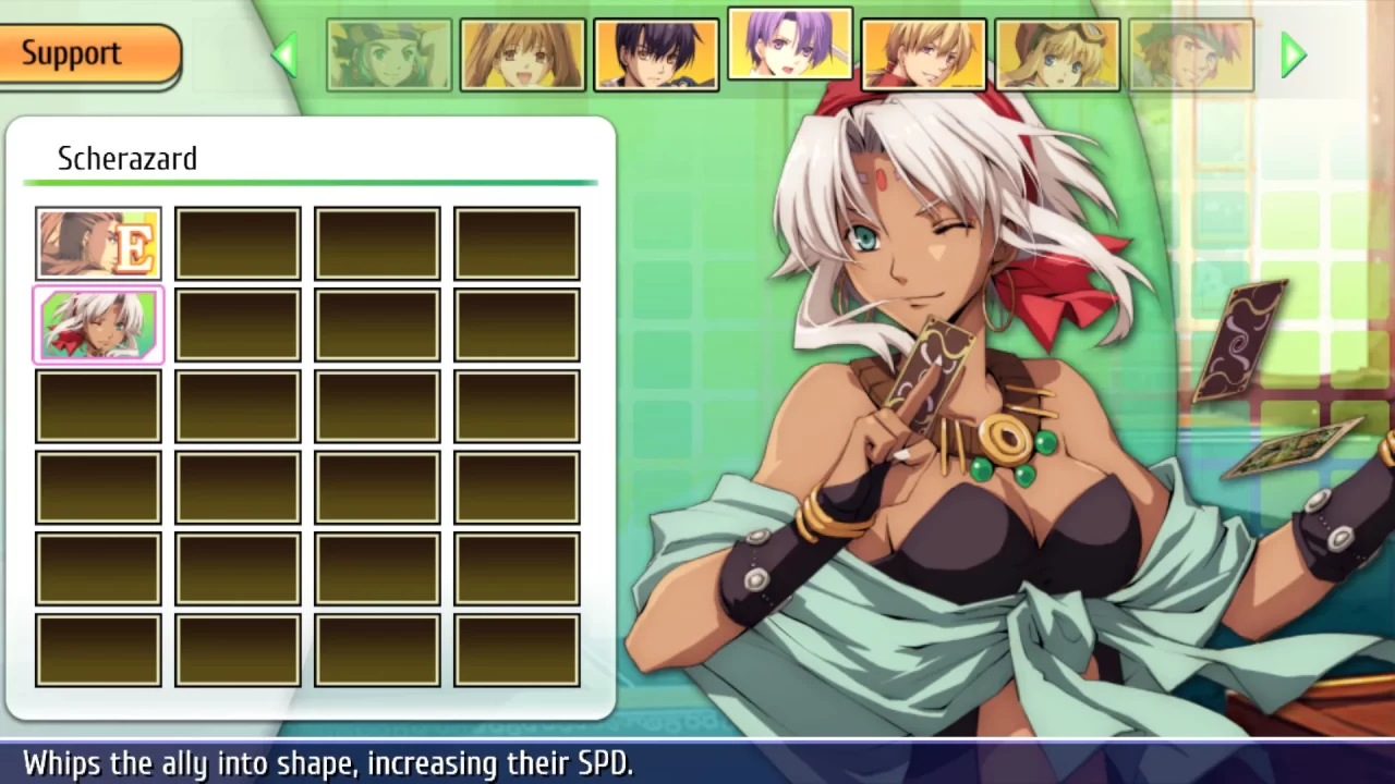 The support character selection screen featuring Scherazard from Ys vs. Trails in the Sky: Alternative Saga.