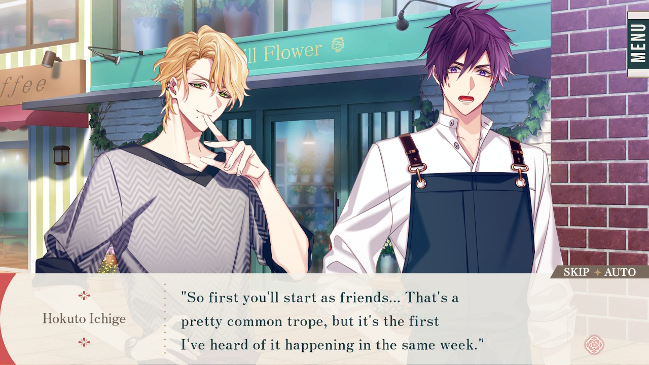 Ginnosuke and Hokuto contemplate other characters' courses of action in Him, the Smile & bloom.