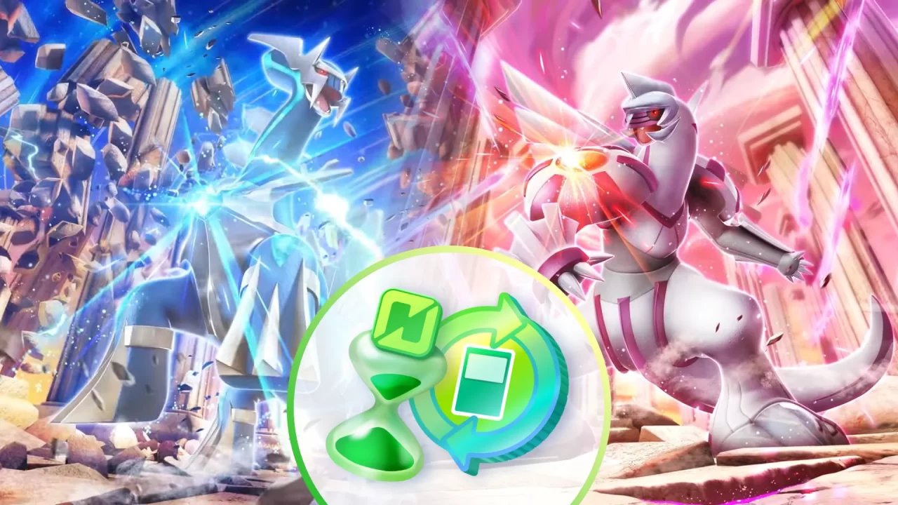 Pokemon Trading Card Game Pocket art of Dialga, Palkia, and new trade items.