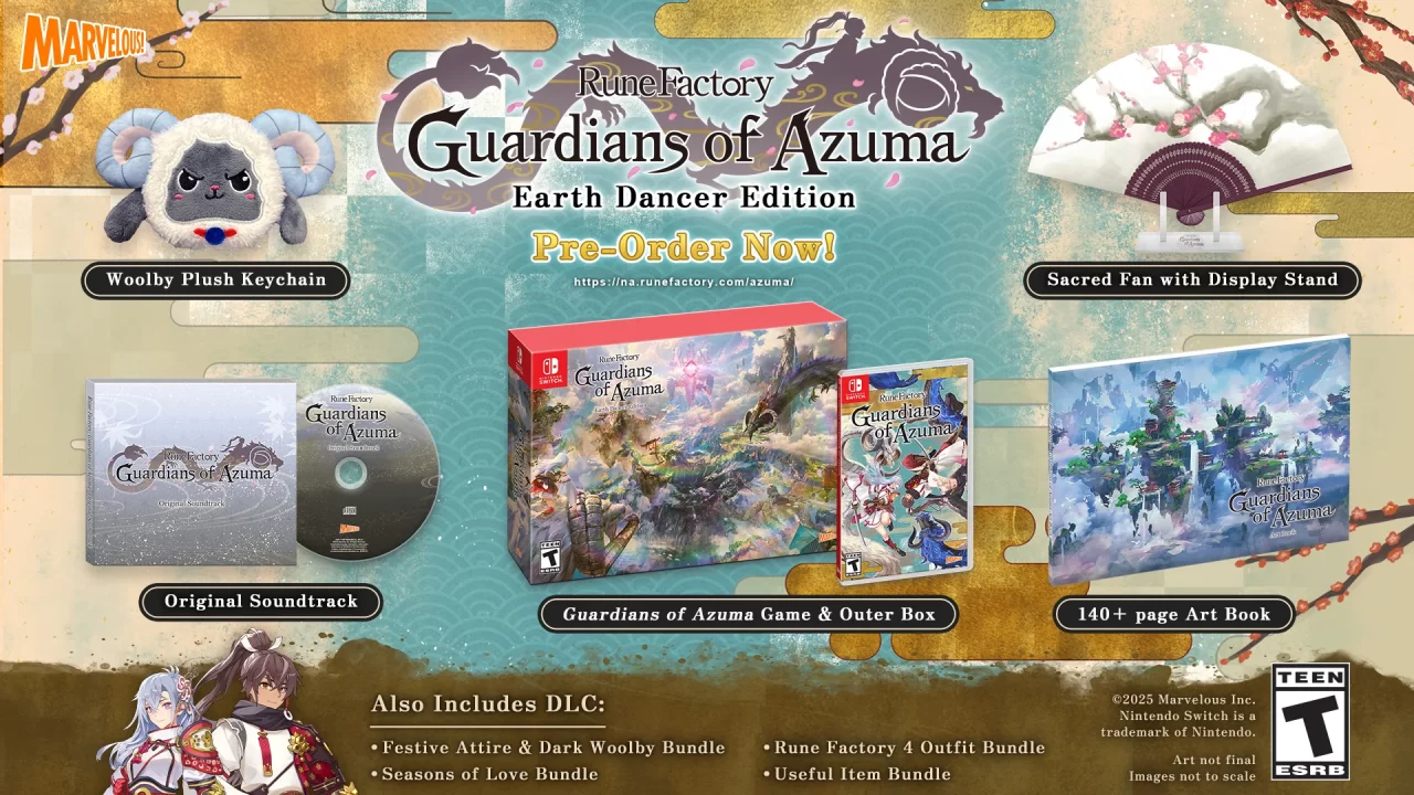 Box art of Rune Factory: Guardians of Azuma&#039;s Earth Dancer Edition with plush, fan, soundtrack, and art book