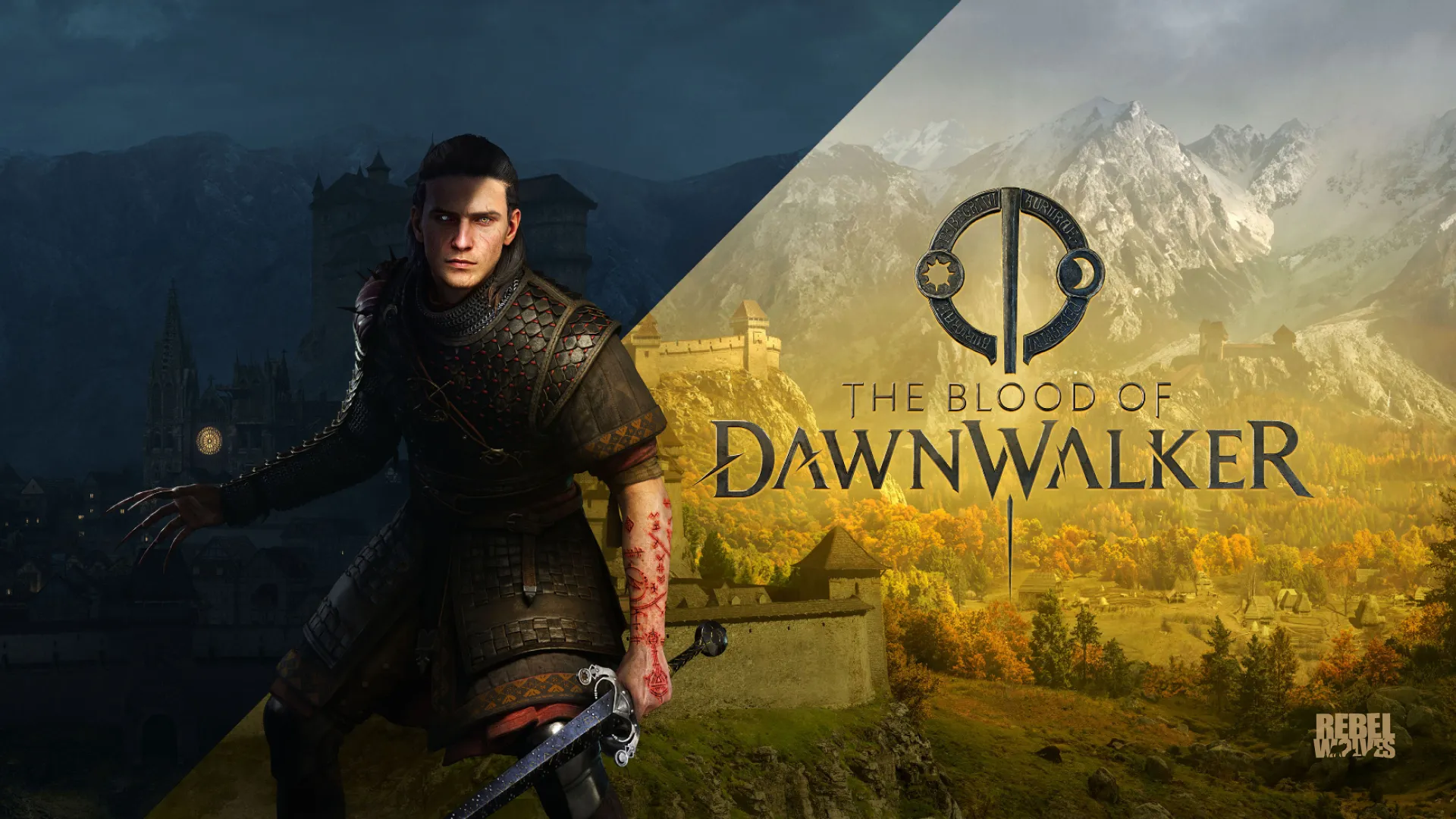 The Blood of Dawnwalker art of protagonist Coen, half in light and half in shadow.