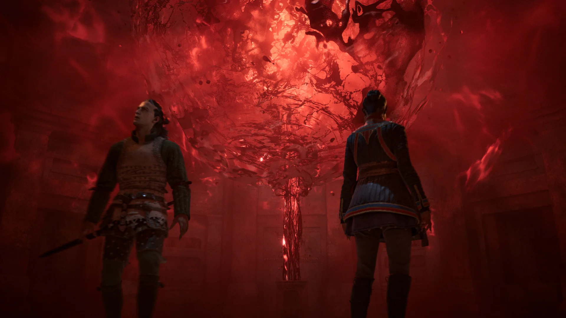 The Blood of Dawnwalker screenshot of two figures silhouetted by a huge orb of glowing red energy.