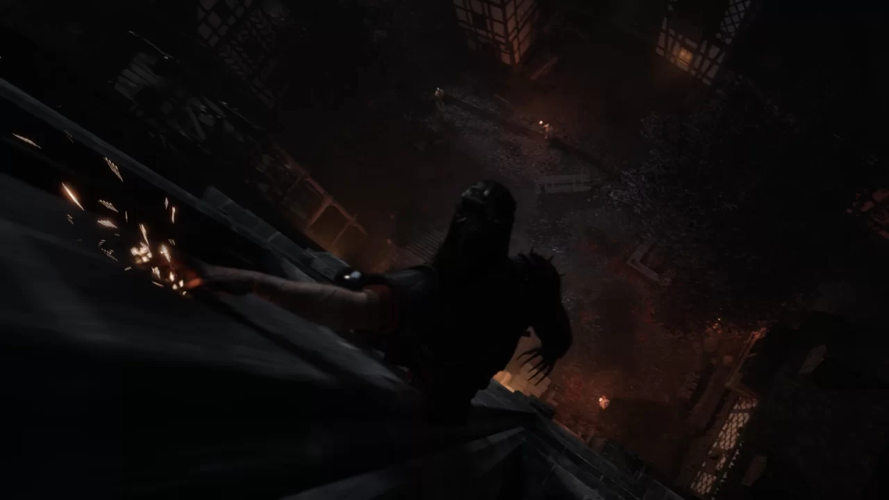 Blood of Dawnwalker, Coen making an entrance by sneaking down a wall at night.