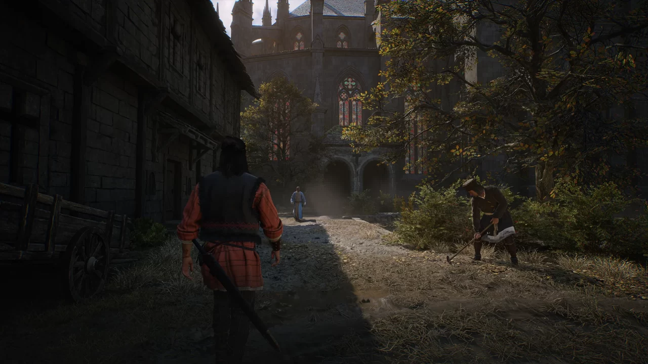 Blood of Dawnwalker Coen walking around in town during the day with a church in view
