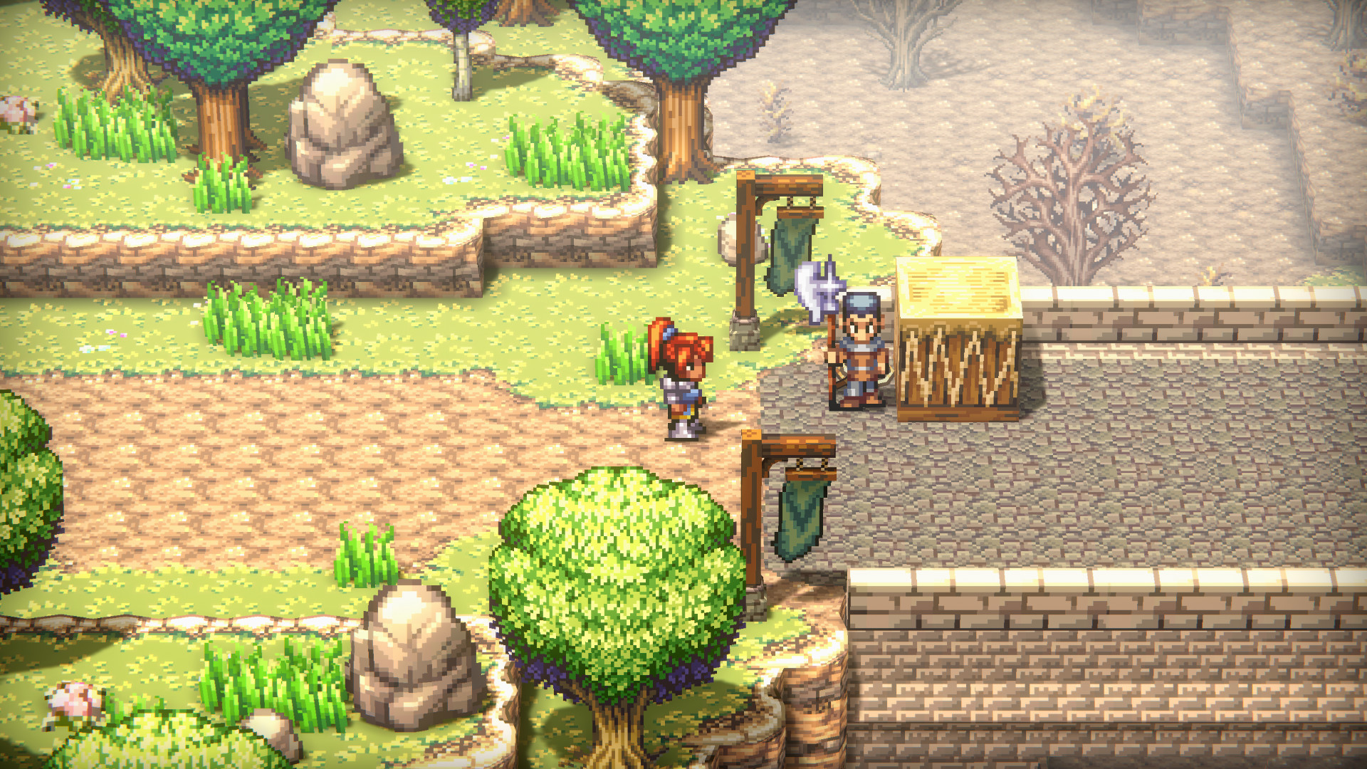 Alterium Shift Screenshot - A red-haired character is about to cross a bridge.